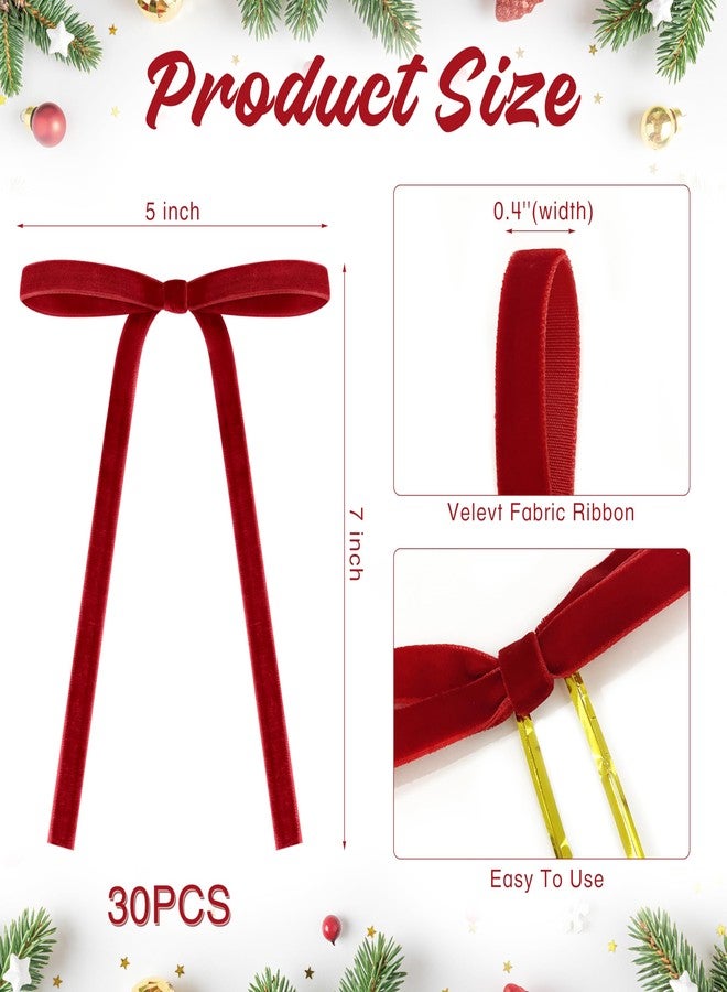 Fayoo 30 Pcs Velvet Christmas Wreath Bow, Satin Bows with Twist Tie, 5 x 7 Inch Rustic Crafts Gift Bows Vintage Velvet Ribbon Bows for Tree Wreath Garland Home Indoor Outdoor Decor (Red) - Image 2